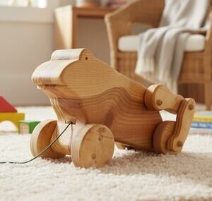 Handmade Wooden Frog Pull Toy Movable Legs 9.5" x 5.5" Vintage Style